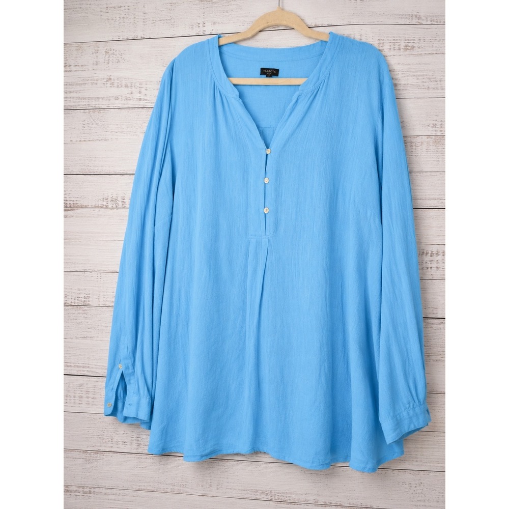 Talbots Woman Blue 100% Cotton Crinkle Gauze Tunic Blouse Top 2X Plus Size